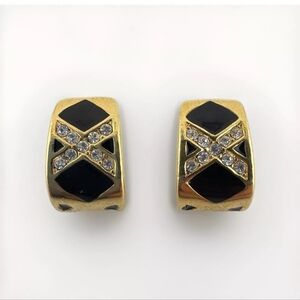 .25” Avon Vintage Gold Tone Black Enamel Crystal Accent Criss Cross Earrings